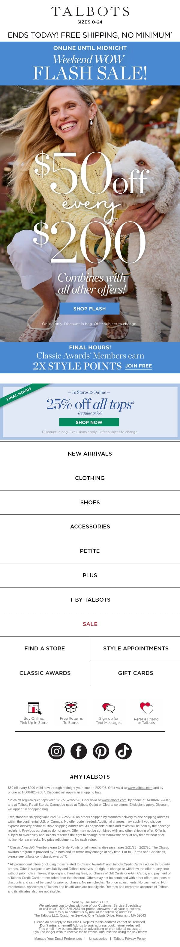 $50 off + FREE shipping ⚡ Ends Midnight ⚡ email from Talbots screenshot