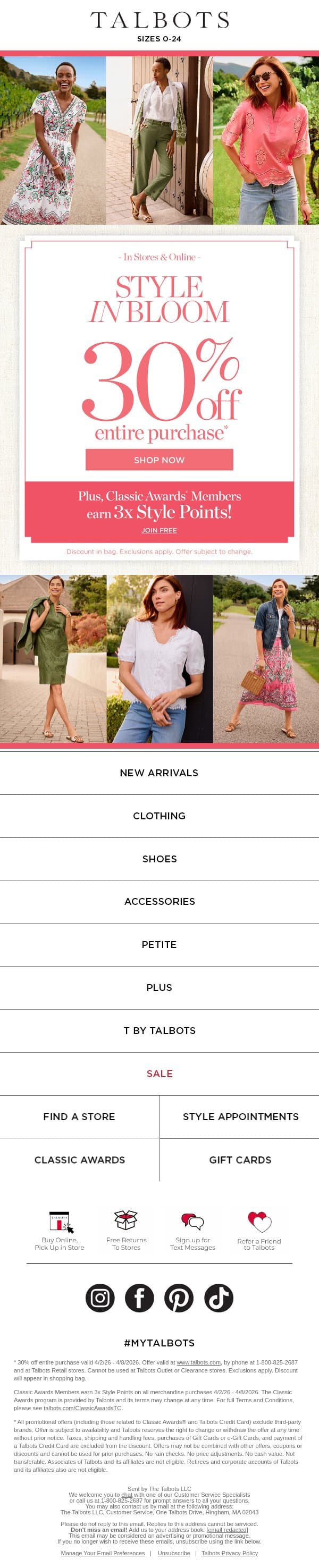 It’s ON! 30% off your ENTIRE PURCHASE 🌸 Style in Bloom Event* email from Talbots screenshot