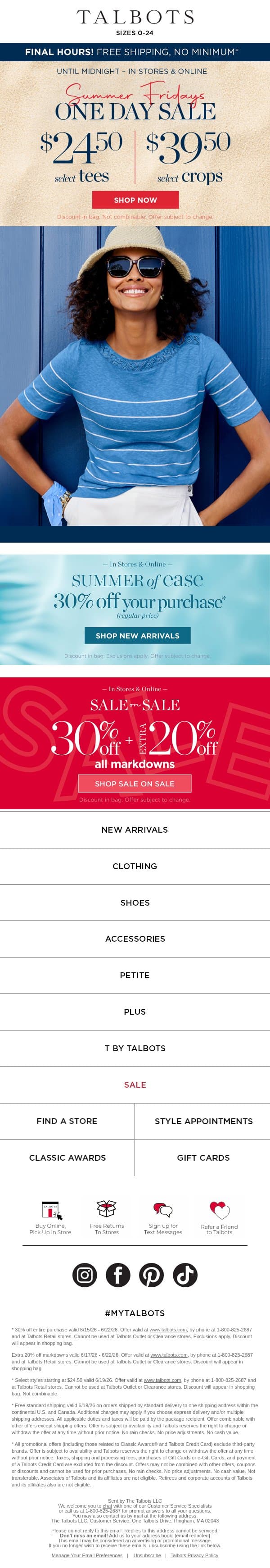 Last call for $24.50 Tees + $39.50 Crops ☀️ email from Talbots screenshot