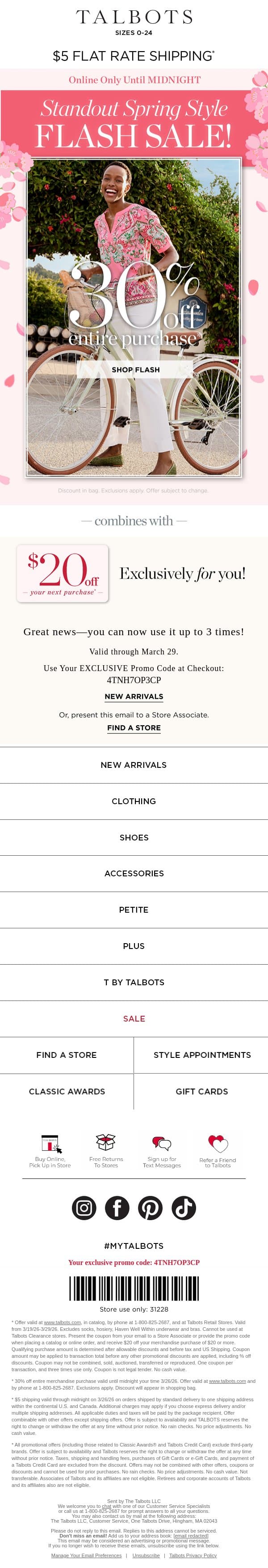 ⚡ FLASH SALE ⚡ 30% off our ENTIRE site + $5 shipping* email from Talbots screenshot
