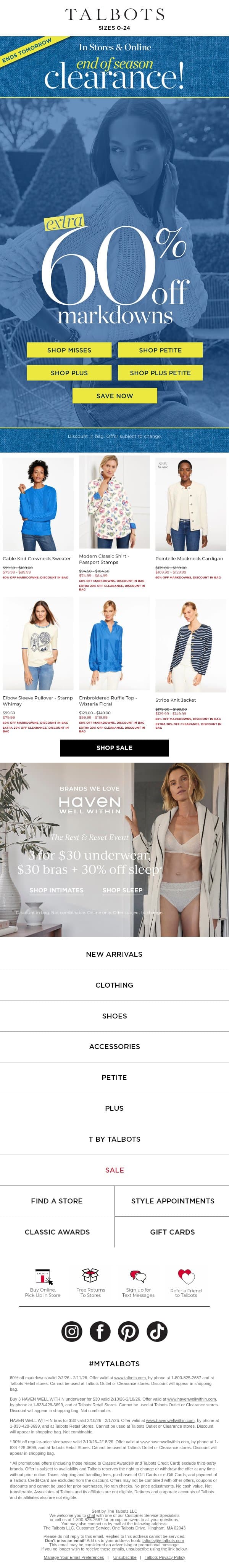 EXTRA 60% off CLEARANCE ends TOMORROW! email from Talbots screenshot
