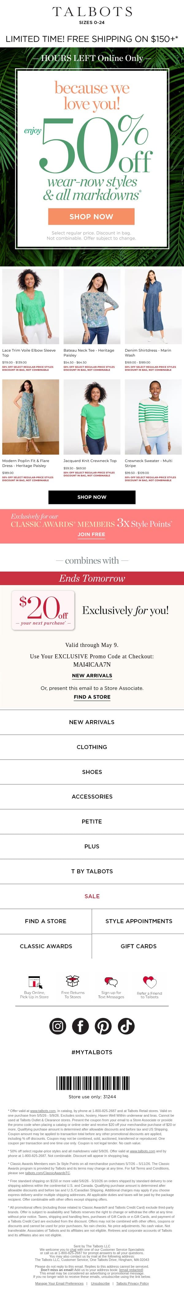 50% off select styles ✅ 50% off markdowns ✅ $20 off ✅ email from Talbots screenshot