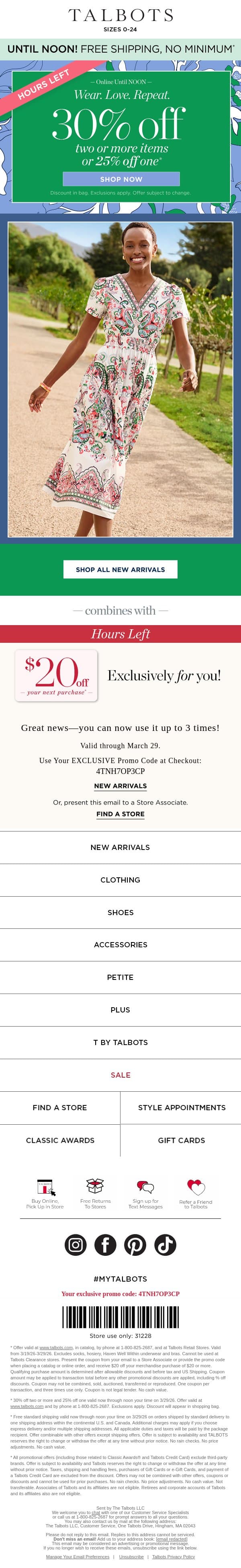 ENDS NOON 🩷 30% off 2+ and FREE SHIPPING 🩷* email from Talbots screenshot
