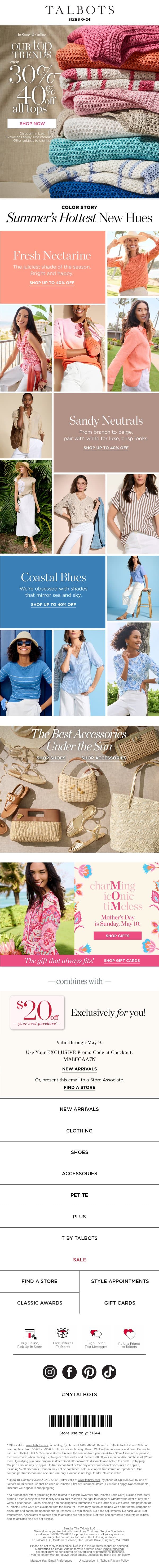 👚 STARTS NOW! 30-40% off all TOPS* email from Talbots screenshot