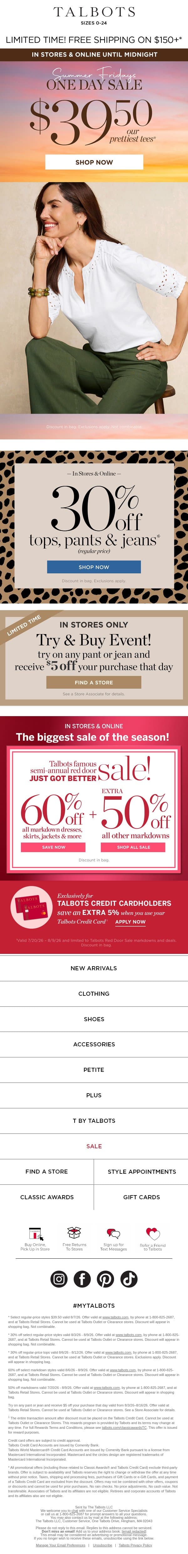 ONE DAY SALE! $39.50 our prettiest tees email from Talbots screenshot