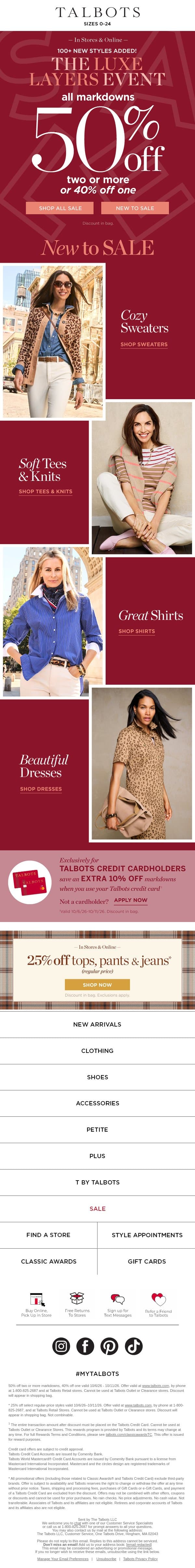 The Luxe Layers Event Starts Now! 50% off 2+ markdowns or 40% off 1 email from Talbots screenshot