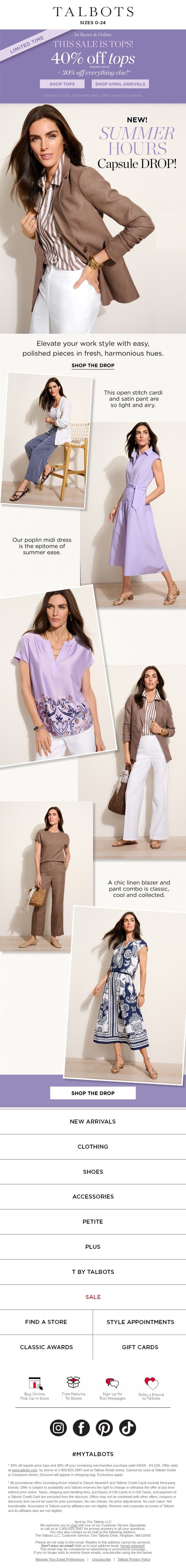 NEW CAPSULE DROP! Summer Hours Collection email from Talbots screenshot