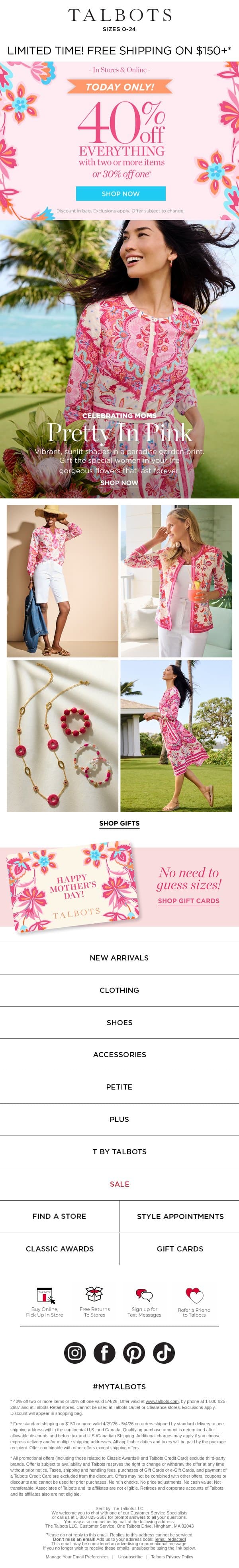 TODAY ONLY! 40% off EVERYTHING with 2+ items* email from Talbots screenshot