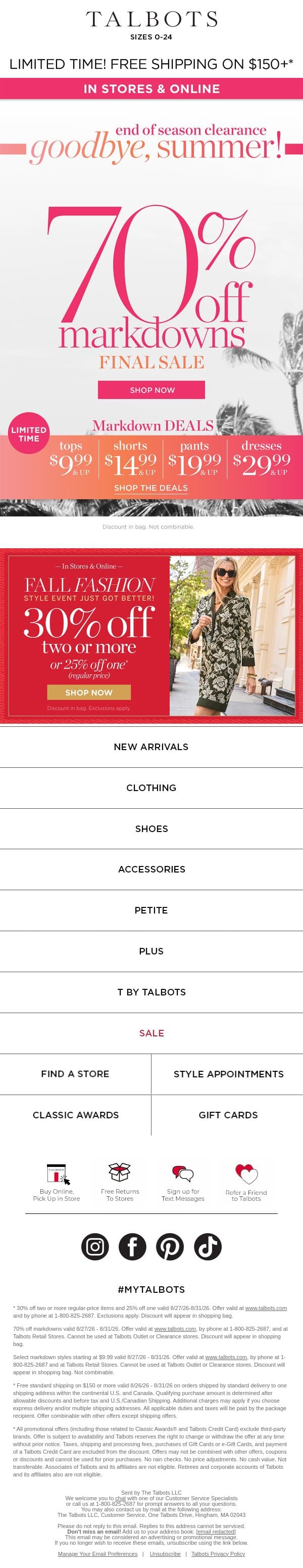 EXTRA 70% off CLEARANCE starts now! email from Talbots screenshot