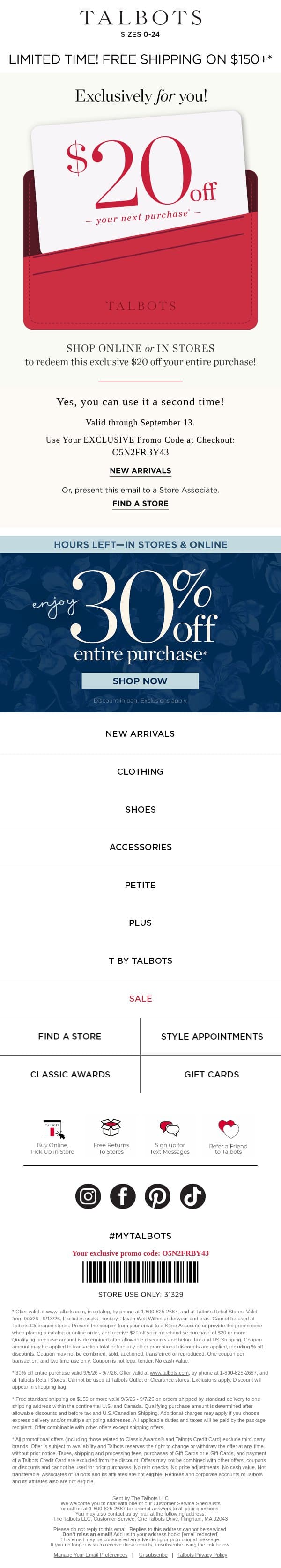 ENDS MIDNIGHT—30% off your purchase email from Talbots screenshot
