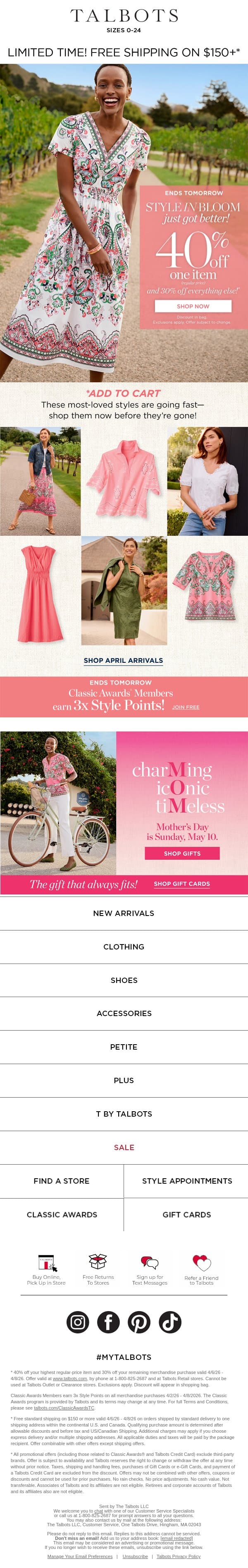 40% off 1 + 30% off the rest + 3x Style Points ENDS TOMORROW* email from Talbots screenshot