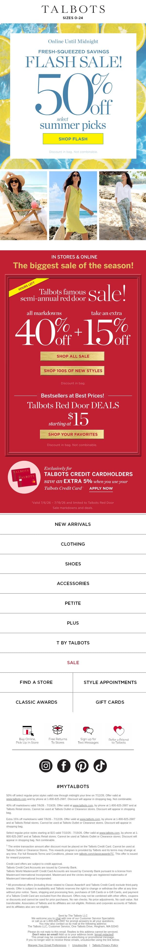 🍋 Flash Sale 🍋 50% off select SUMMER PICKS email from Talbots screenshot