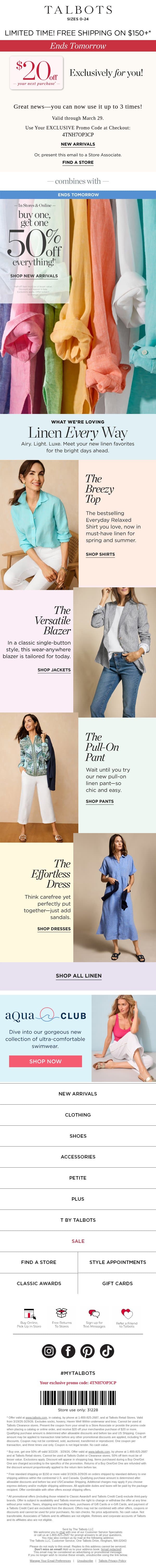 NEW Linen to Love + BOGO 50% Off email from Talbots screenshot