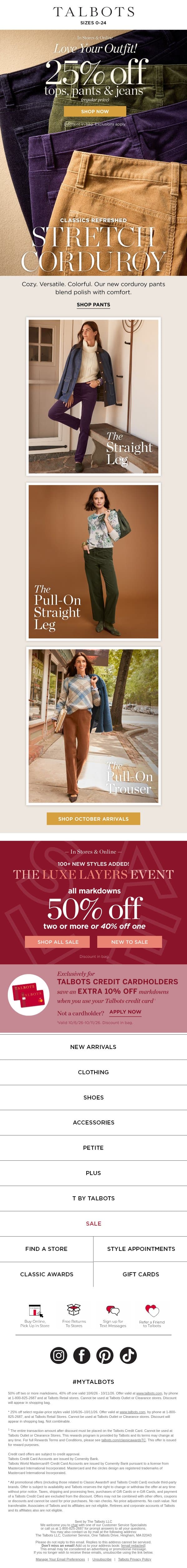 How we're wearing corduroy right now. email from Talbots screenshot