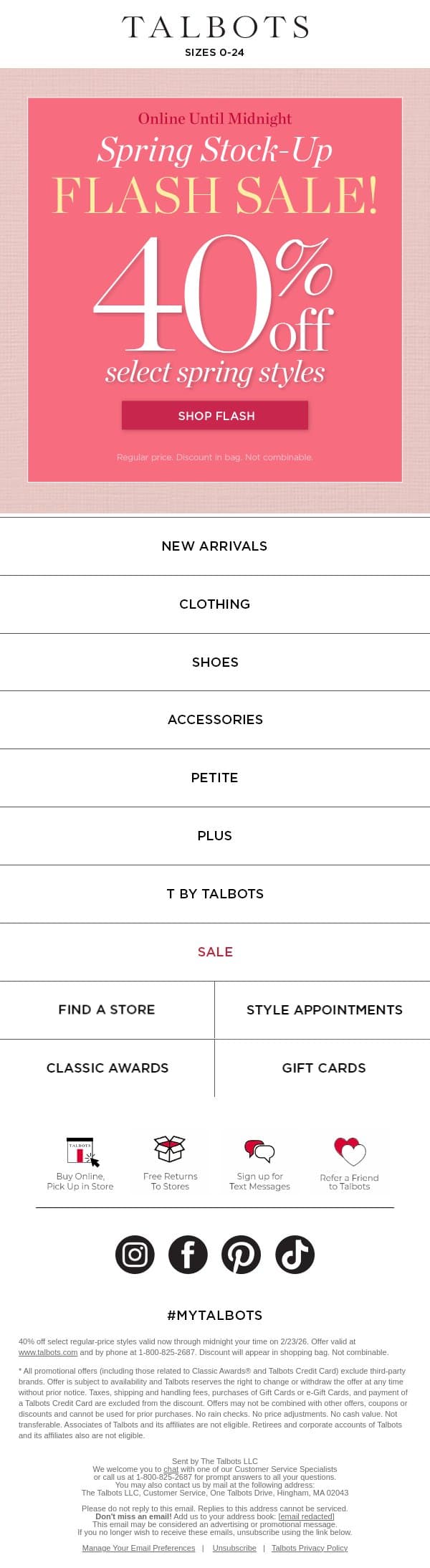 40% off select Spring Favorites 🌸 ENDS MIDNIGHT 🌸 email from Talbots screenshot