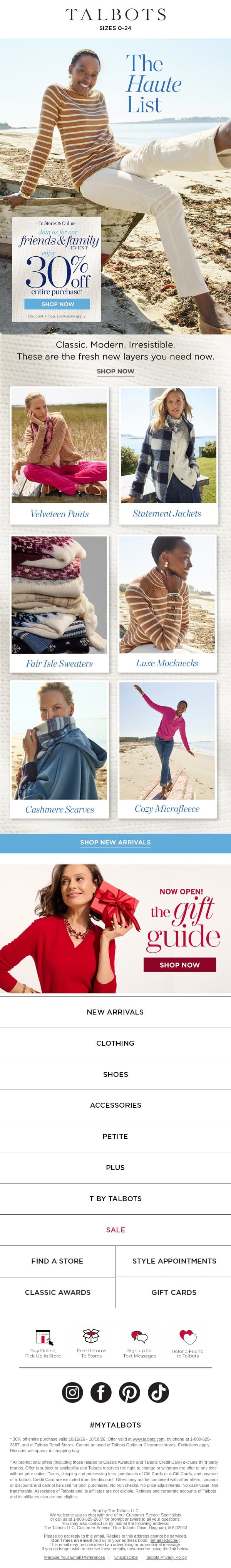 The NEW fall layers you need now. All 30% off.* email from Talbots screenshot
