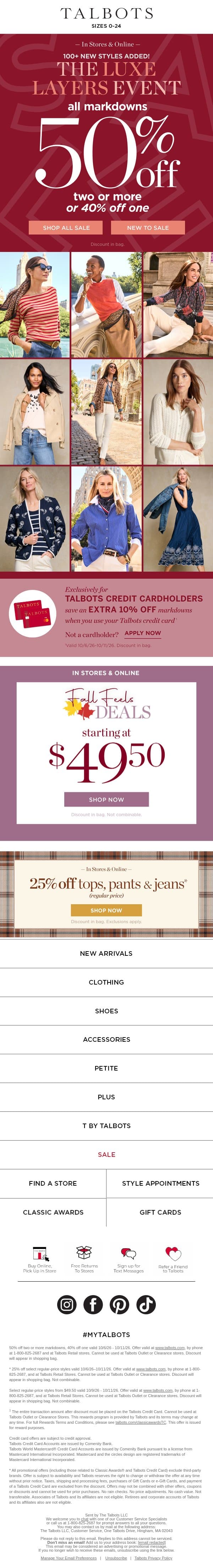 ALL MARKDOWNS! 50% off 2+ or 40% off 1 email from Talbots screenshot