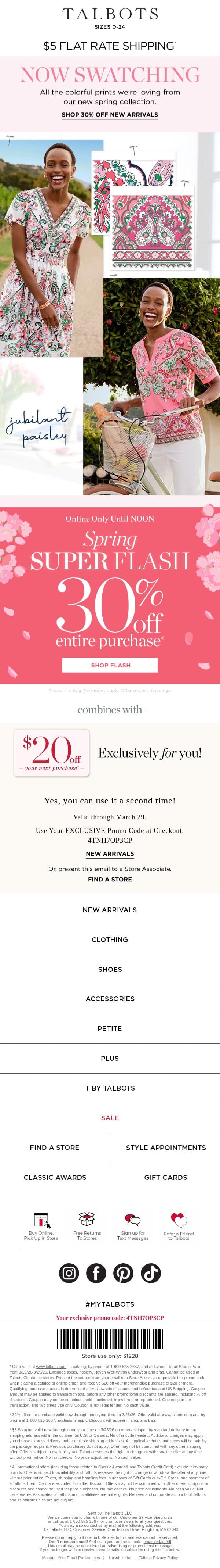 30% off EVERYTHING + $5 ship 🌷 ENDS NOON 🌷 * email from Talbots screenshot