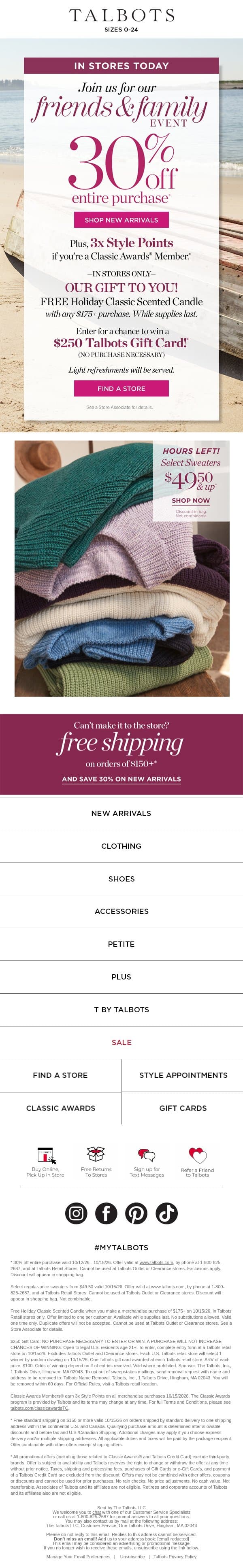 TODAY ONLY! 3x Style Points + 30% off Friends & Family Event* email from Talbots screenshot
