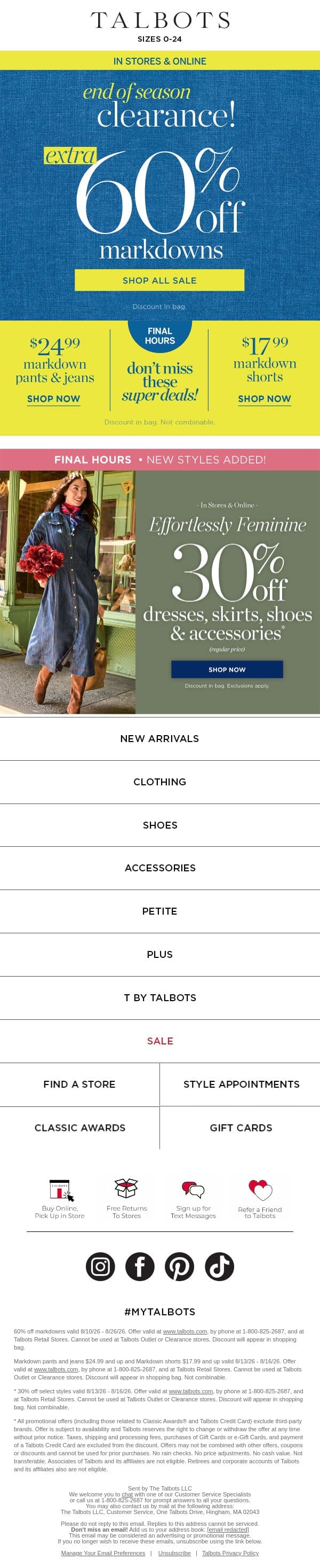 FINAL HOURS! $24.99 pants/jeans + $17.99 shorts email from Talbots screenshot