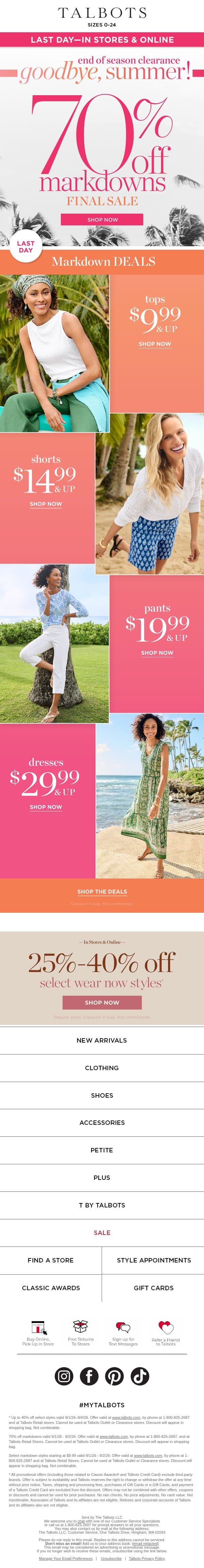 LAST DAY! 70% off CLEARANCE + $9.99 & up markdown styles email from Talbots screenshot