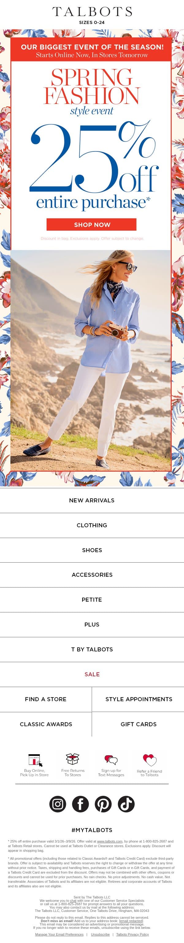 💚 25% off everything STARTS NOW online!* email from Talbots screenshot