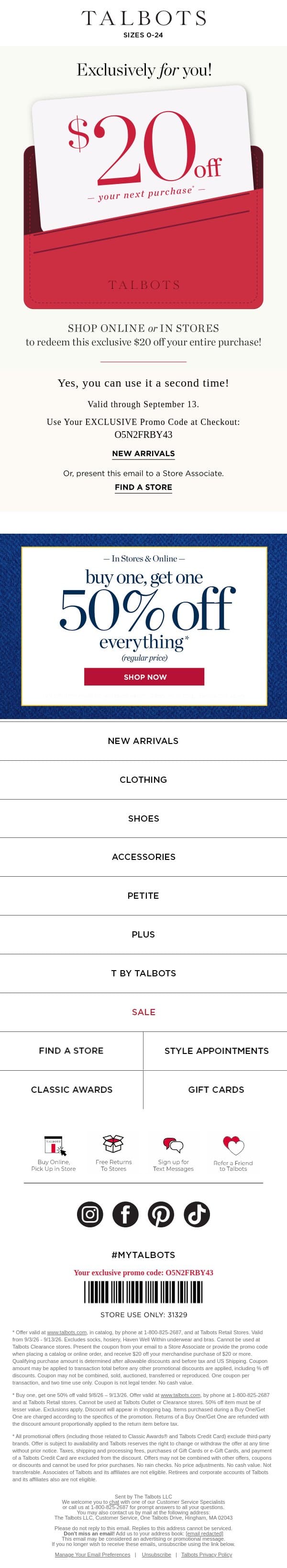 Did you spend your $20 off? Don’t leave money on the table!💸 email from Talbots screenshot