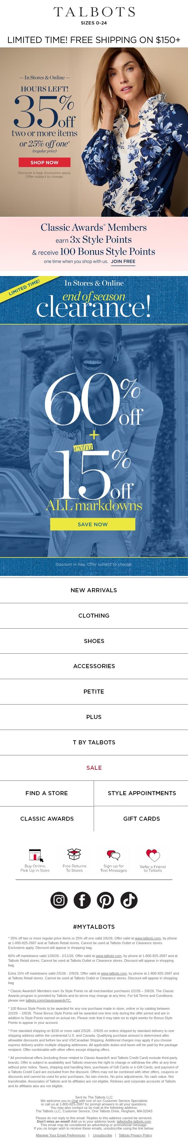 SALE ON SALE! Extra 60% + 15% off markdowns email from Talbots screenshot
