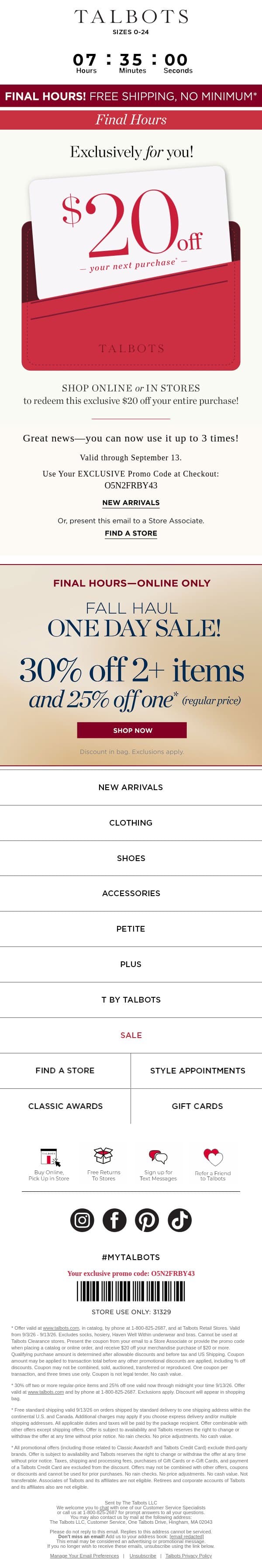 👋 FINAL HOURS! $20 off + FREE shipping* email from Talbots screenshot