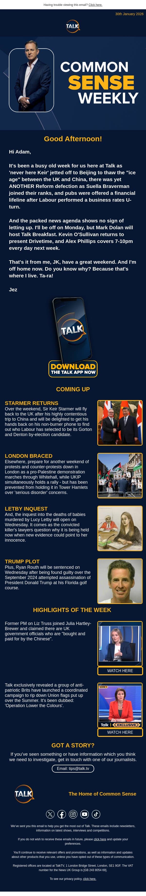 Common Sense Weekly - Welcome to the official Talk newsletter email from TalkTV screenshot