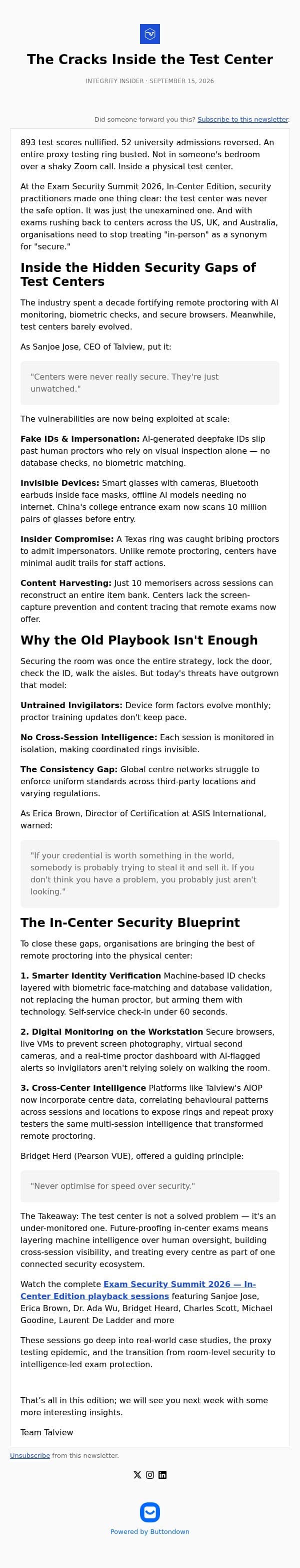 The Cracks Inside the Test Center email from Talview screenshot