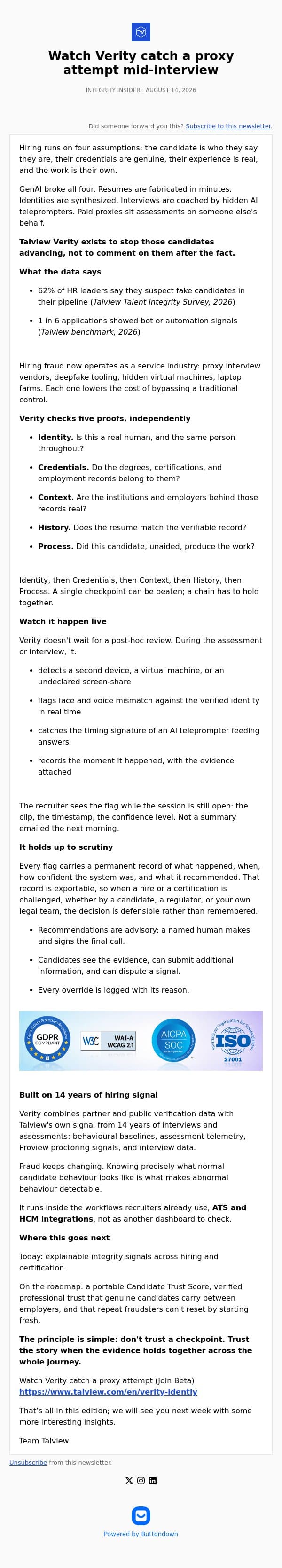 Watch Verity catch a proxy attempt mid-interview email from Talview screenshot