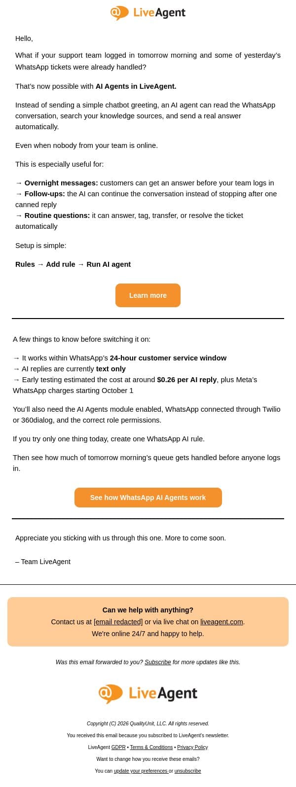 Let your WhatsApp queue clear itself — overnight, automatically email from Tango screenshot
