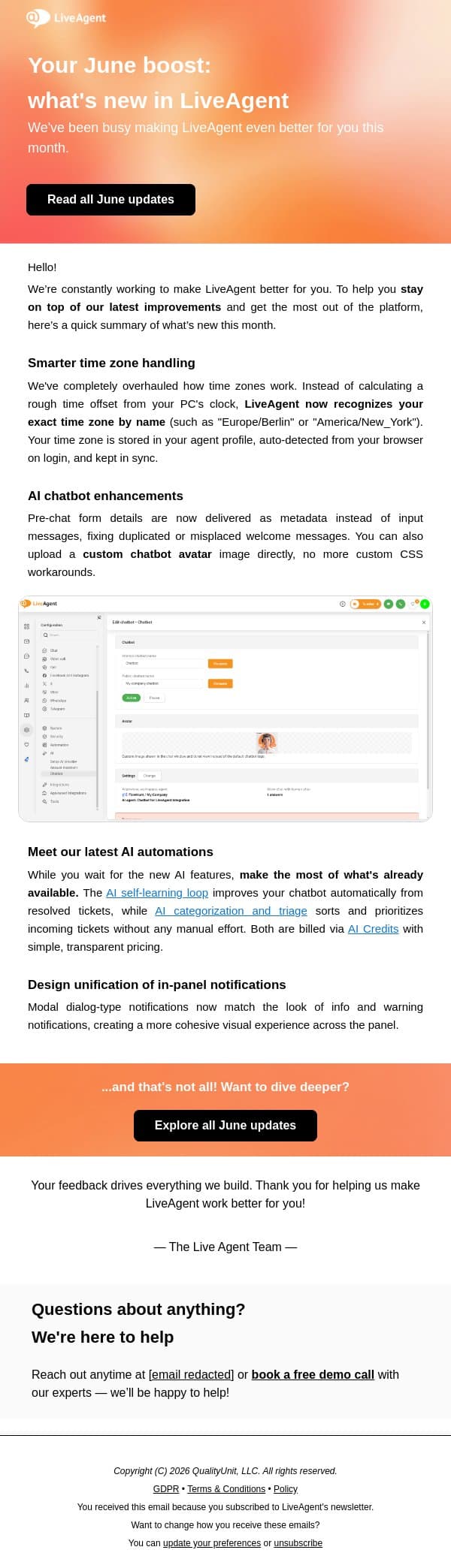 What’s new in LiveAgent: AI chatbot updates, AI self-learning & more 🚀 email from Tango screenshot