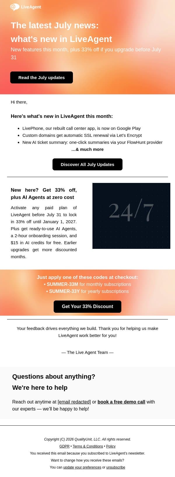 New in LiveAgent this month, plus 33% off all plans email from Tango screenshot