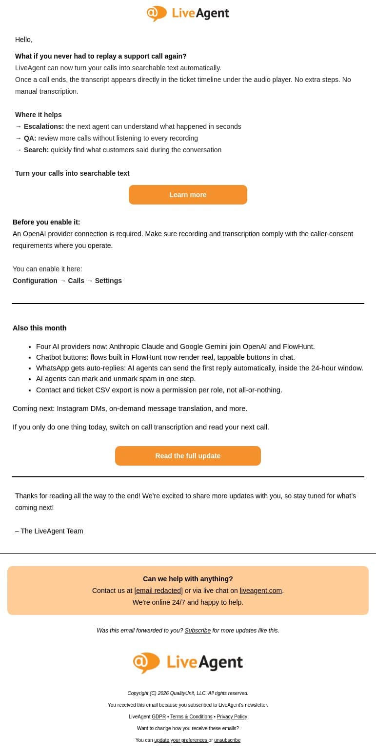 Stop replaying calls. Read them instead. And more September updates. email from Tango screenshot