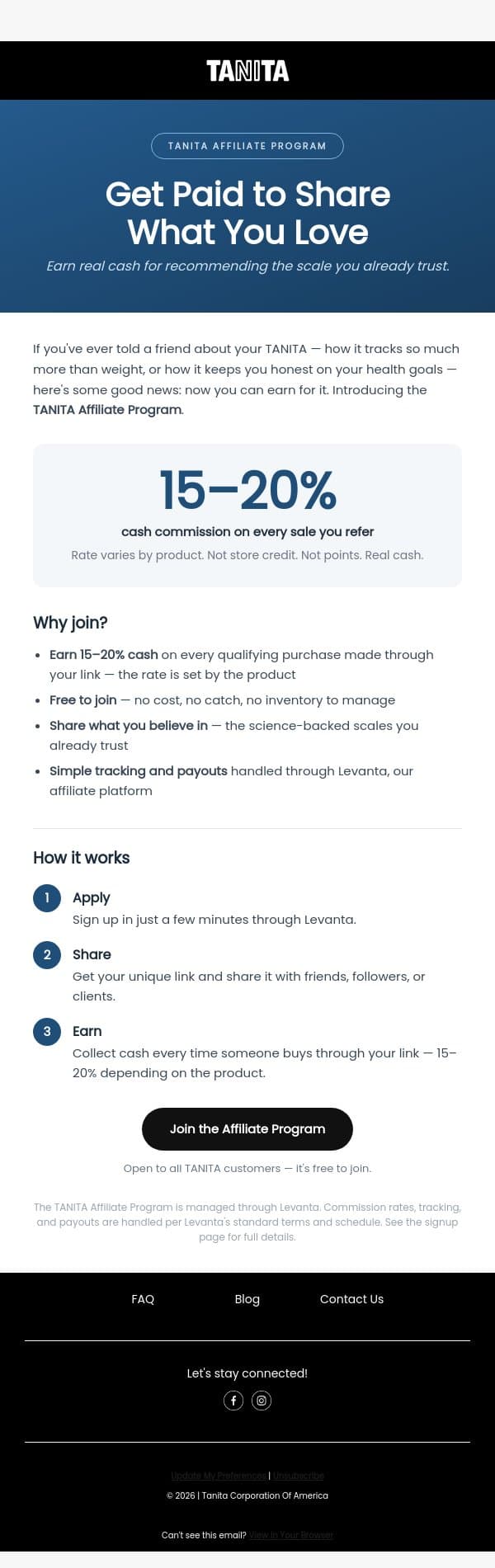 Share your TANITA, earn cash. Here's how it works. email from Tanita screenshot
