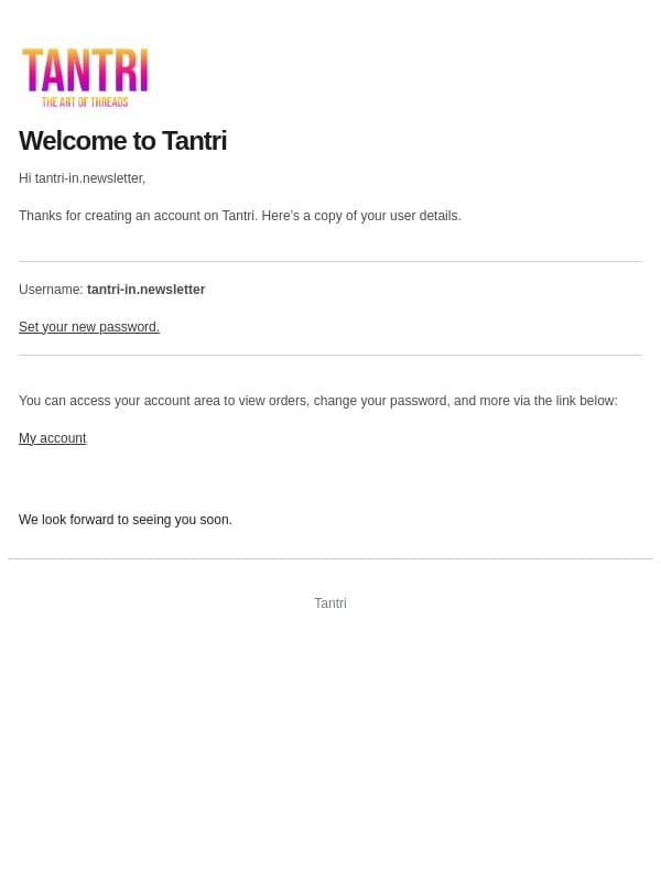 Your Tantri account has been created! email from Tantri screenshot