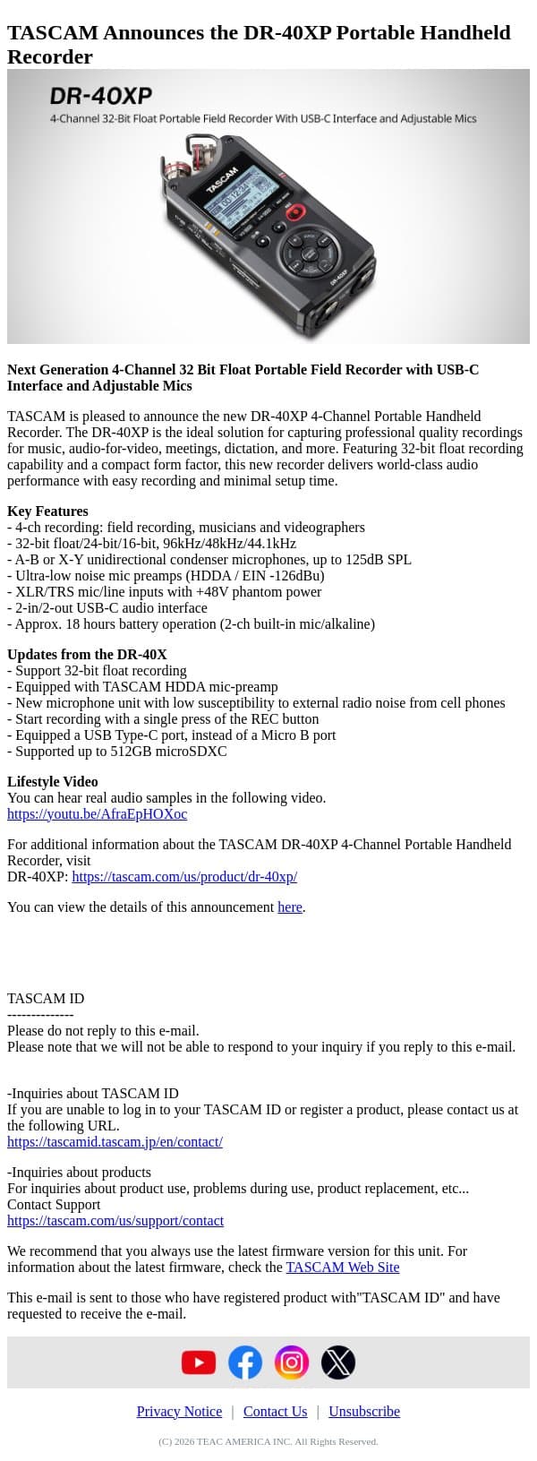 [TASCAM ID] TASCAM Announces the DR-40XP Portable Handheld Recorder email from Tascam screenshot