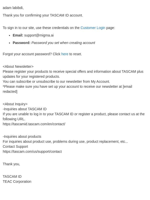 Welcome to TASCAM ID email from Tascam screenshot