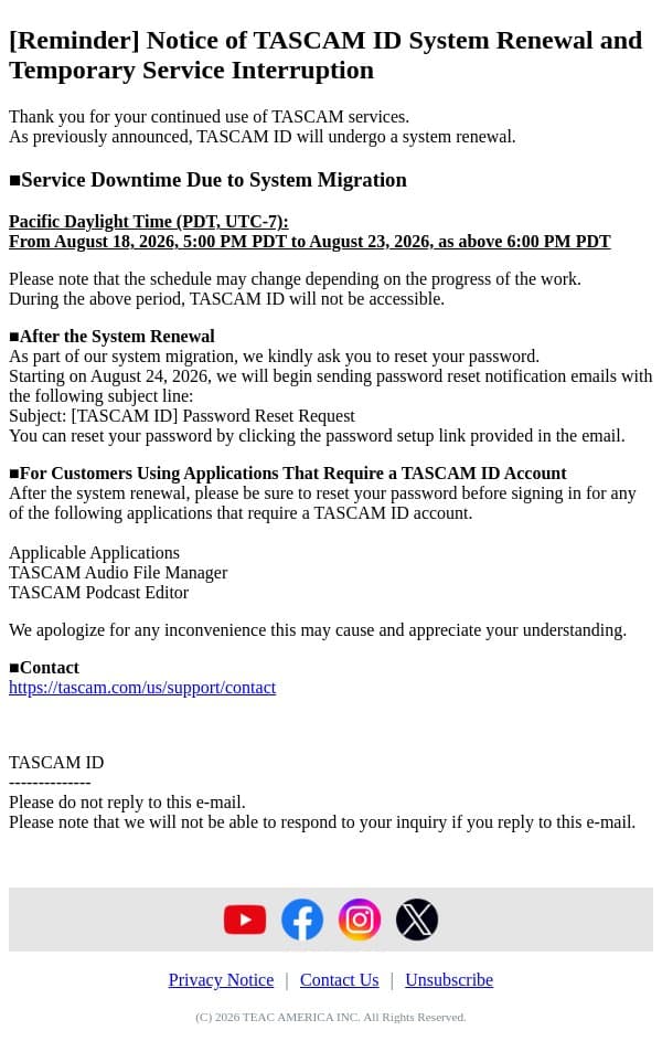 [TASCAM ID] [Reminder] Notice of TASCAM ID System Renewal and Temporary Service Interruption email from Tascam screenshot