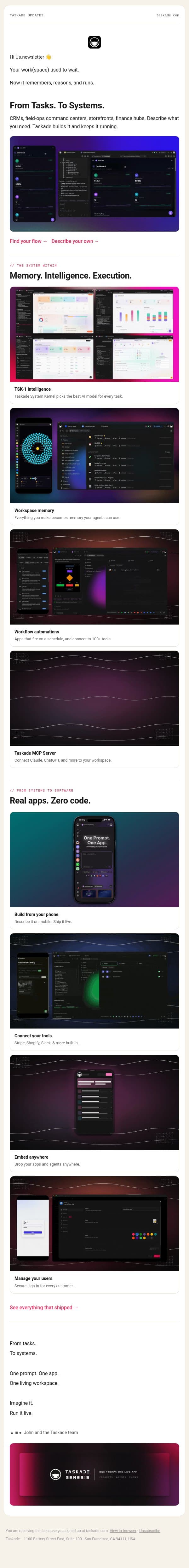 Remember. Reason. Run. One Living Workspace. email from Taskade screenshot
