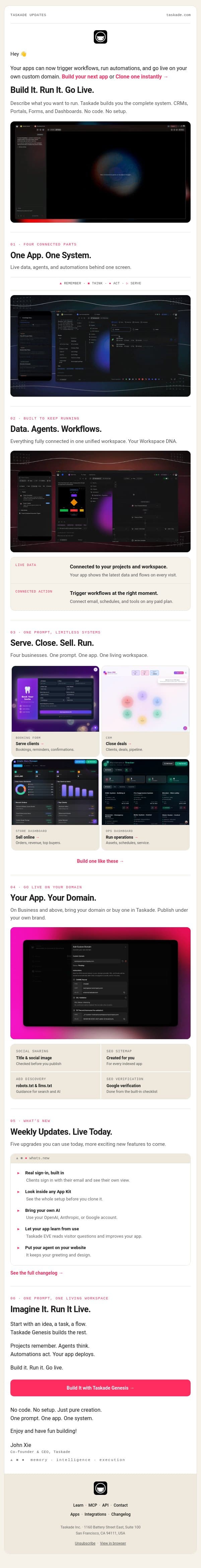 Build It. Run It. Go Live. email from Taskade screenshot