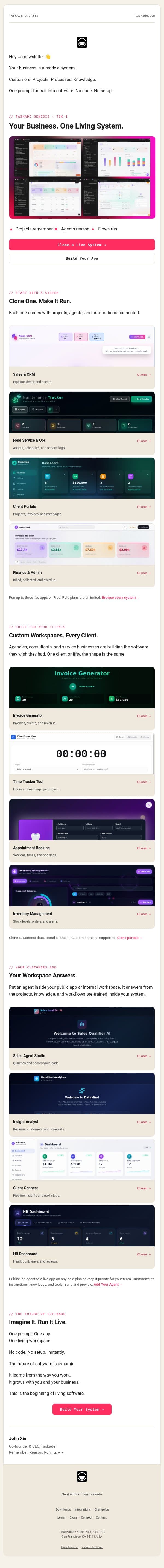 Run Your Business in One Living System. email from Taskade screenshot