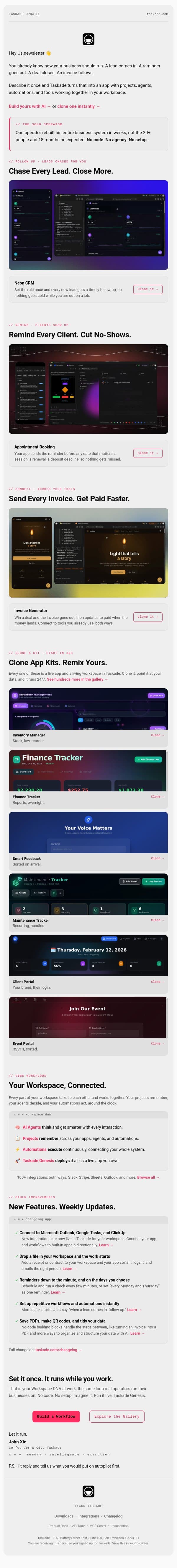 Automate the Busywork. Chase Leads. Send Reminders. email from Taskade screenshot