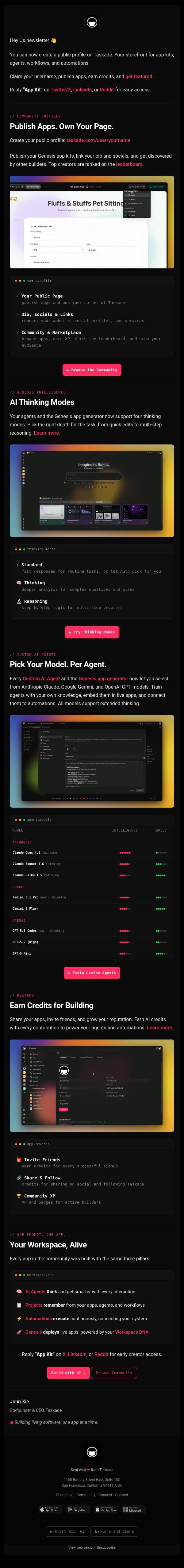 🧬 Taskade Genesis: Publish Apps. Own Your Page. Build Smarter. email from Taskade screenshot