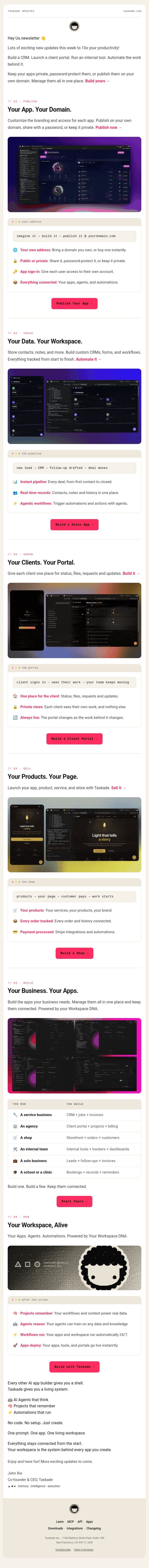 Your App. Your Domain. CRMs, Portals, Tools. email from Taskade screenshot