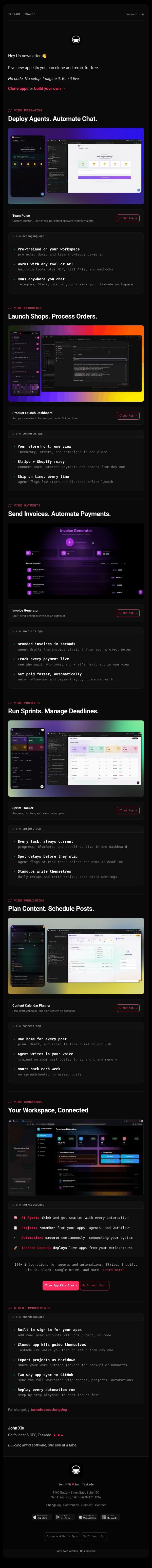 🤖 Deploy Agents. Launch Shops. Automate Payments. email from Taskade screenshot