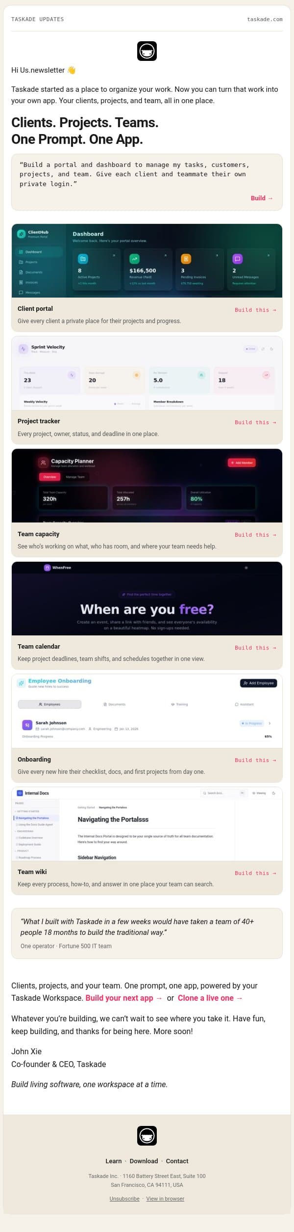 Your Workspace. Now an App. email from Taskade screenshot