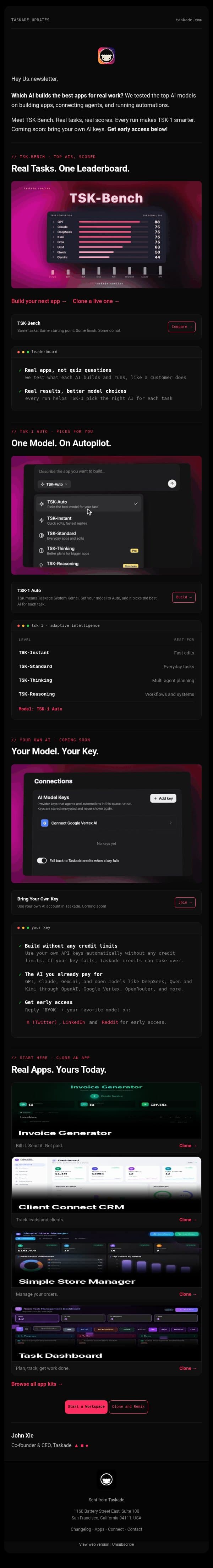 Introducing TSK-Bench. The AI Task Leaderboard. email from Taskade screenshot
